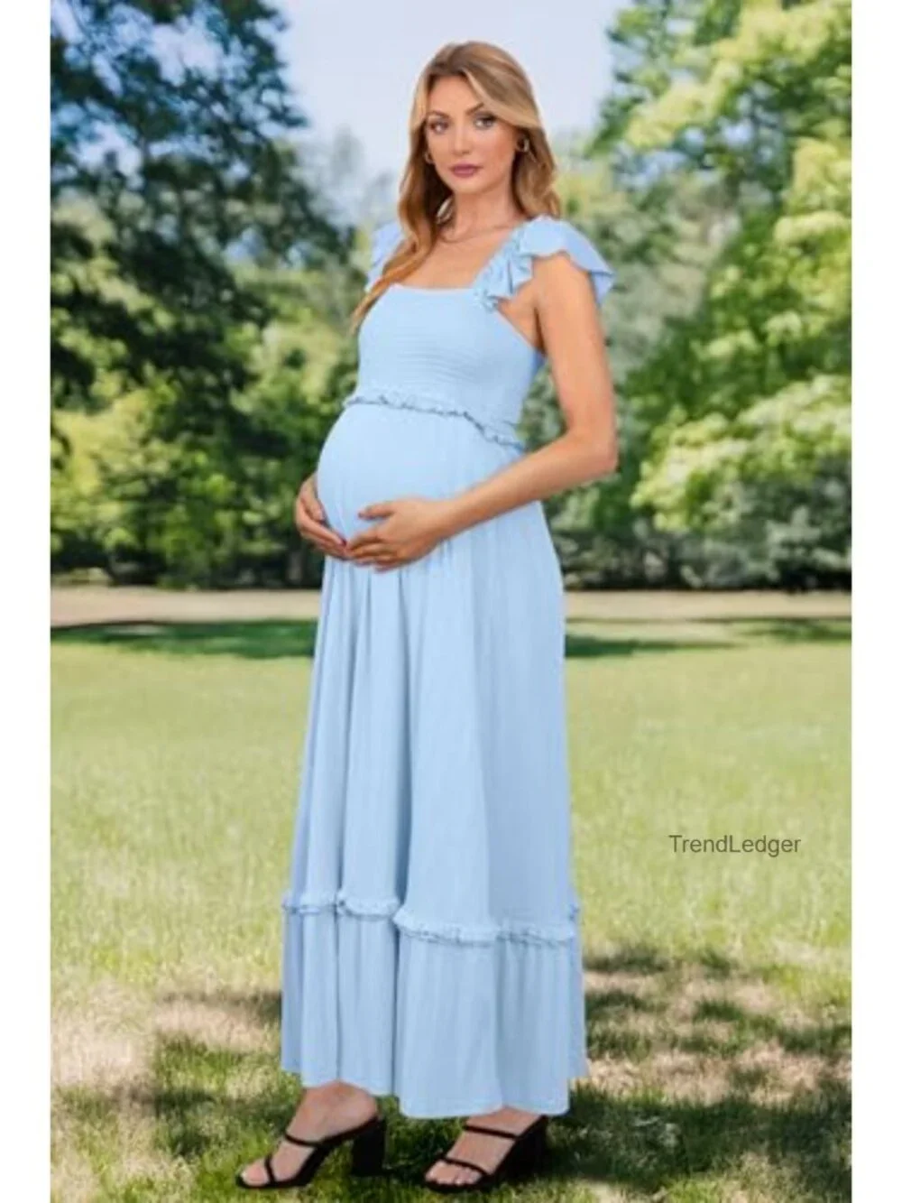 Ruffle Sleeve Maternity Maxi Dress for Baby Shower Photoshoot, Lightweight &